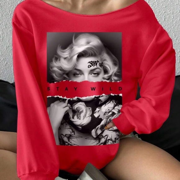 Stay Wild Red Off-Shoulder Sweater - Picture 3 of 5